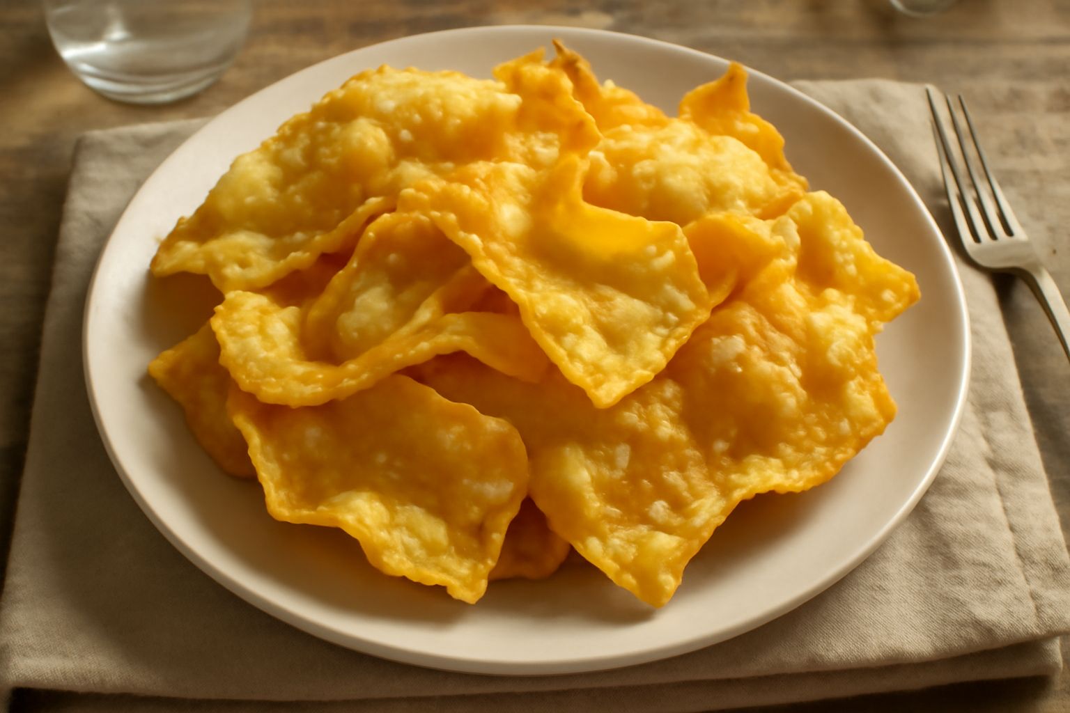 Pani arrustu: pezzi di pasta fritta di forma irregolare e ondulata, colore dorato intenso, disposti su un piatto bianco su sfondo scuro, con gocce d'olio visibile sulla superficie