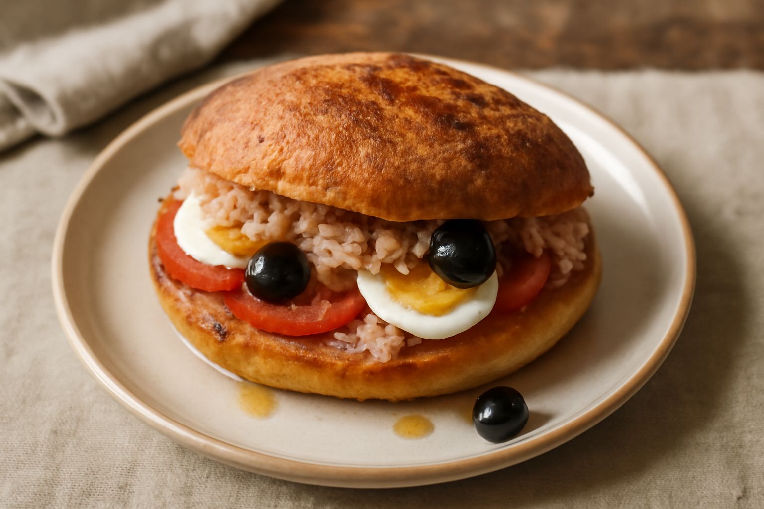 Pani bagnatu tagliato a metà, mostra il ripieno di tonno rosso, fette di uova sode, pomodori rossi e olive nere sparse dentro un panino di pane carasau tostato, con gocce di salsa agrodolce visibile s