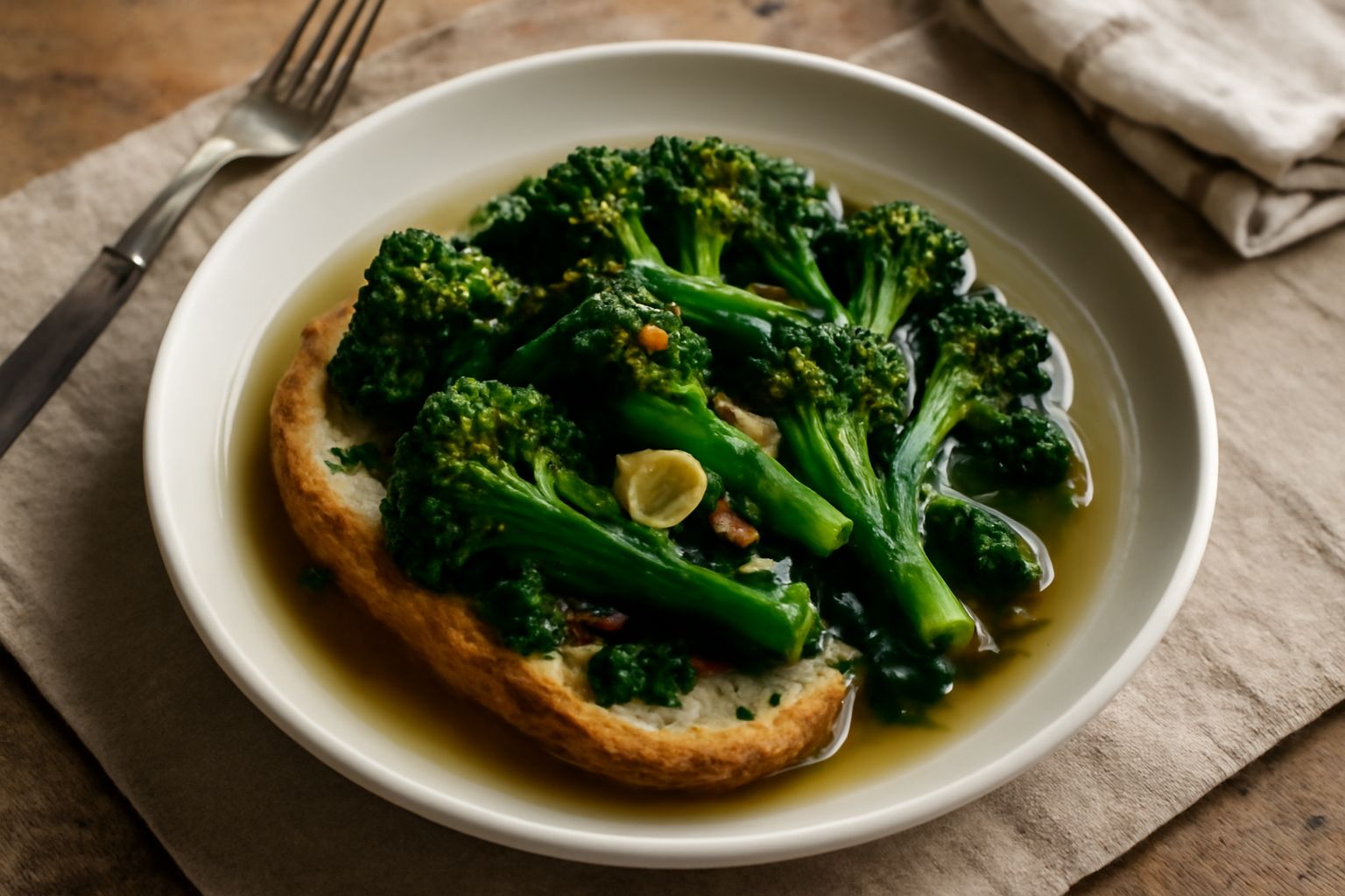 Broccoli verde scuro cotti in brodo in una ciotola di ceramica bianca, con fili di olio d'oliva dorato in superficie, aglio affettato e peperoncino rosso spezzato sparsi, vapore leggero dal piatto