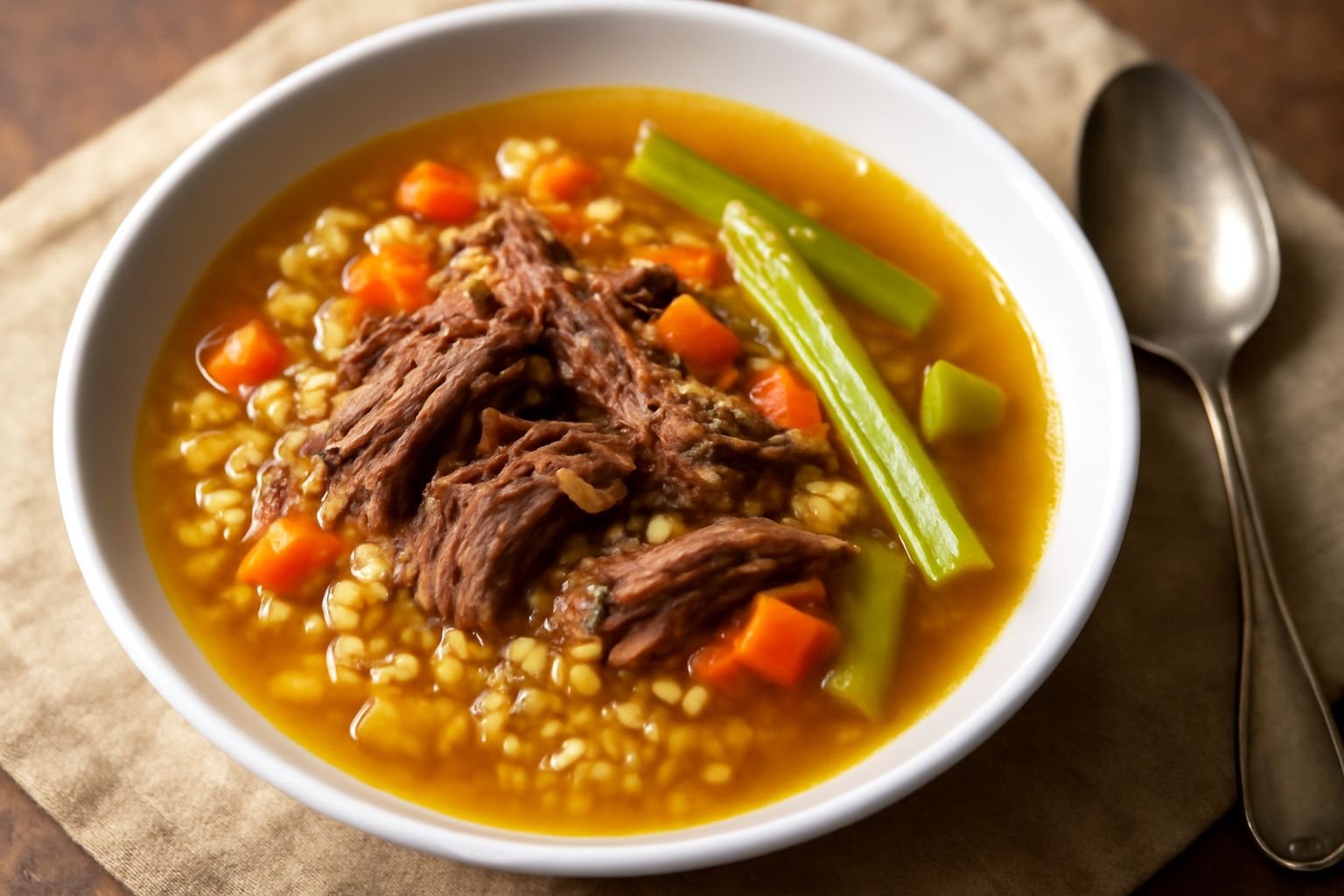 Una ciotola di ceramica bianca contenente pani ca brodu, con brodo trasparente ambrato, pasta stelline visibile, pezzetti di carota arancione, cipolla morbida e un pezzo di carne tenera in primo piano