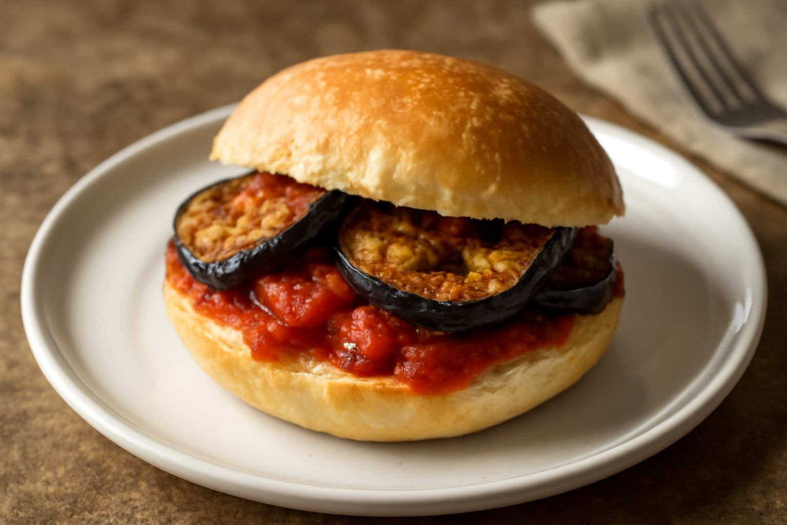 Panino aperto con melanzana fritta dorata e croccante, ripieno di salsa di pomodoro rosso brillante e formaggio bianco filante, servito su carta bianca, vapore ancora visibile dal calore