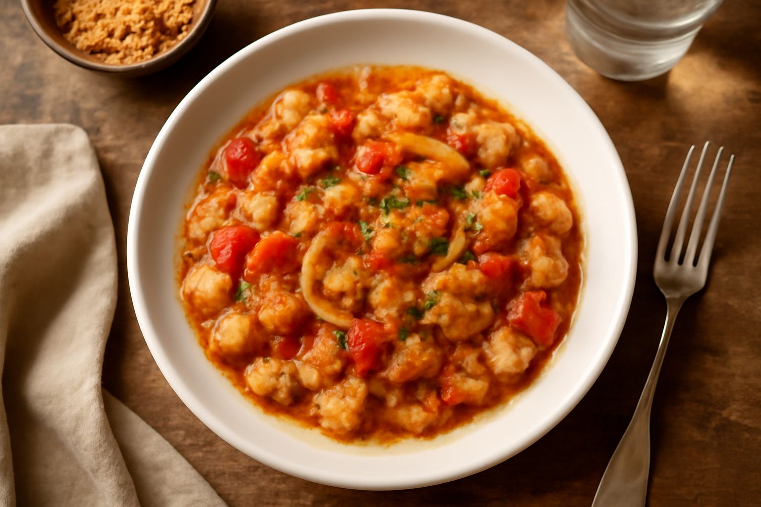 Una ciotola di terracotta con zuppa di pane e pomodoro, pane tostato ai lati, cipolla rossa e pomodori freschi su tavolo di legno