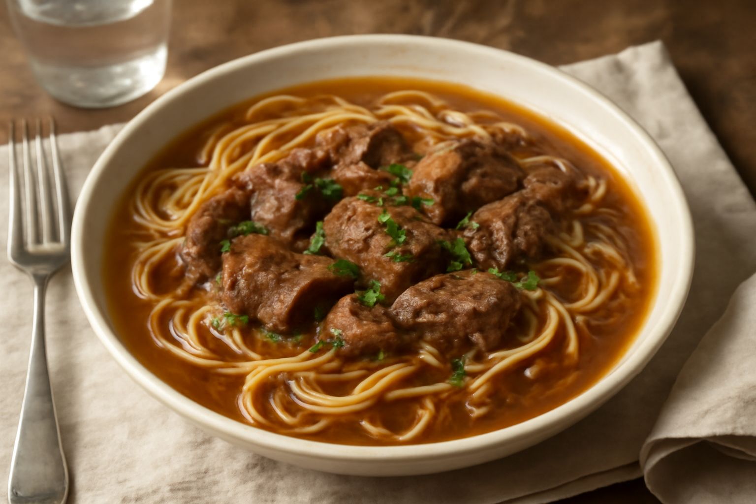 Piatto fondo di ceramica bianca con pasta in brodo marrone-dorato, pezzi visibili di manzo tenero, cipolla e prezzemolo verde, vapore ancora caldo