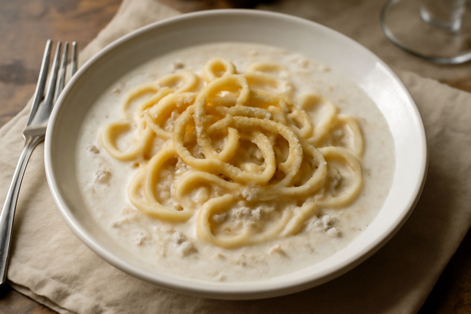 Un piatto bianco con pasta fresca avvolta in brodo cremoso di ricotta e formaggio, decorata con pepe nero, origano secco e un filo di olio di oliva, vapore ancora visibile sopra il piatto