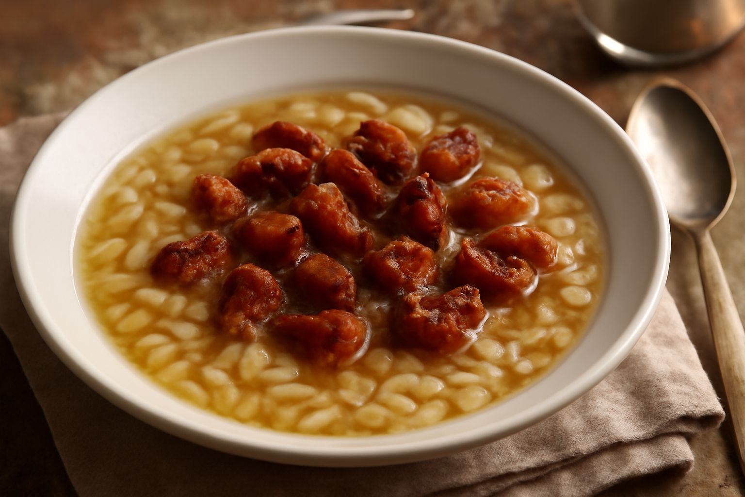 Una ciotola di ceramica bianca con zuppa di pasta in brodo caldo, ciccioli dorati e croccanti sparsi in superficie, pepe nero macinato fresco, cucchiaio di legno sul bordo