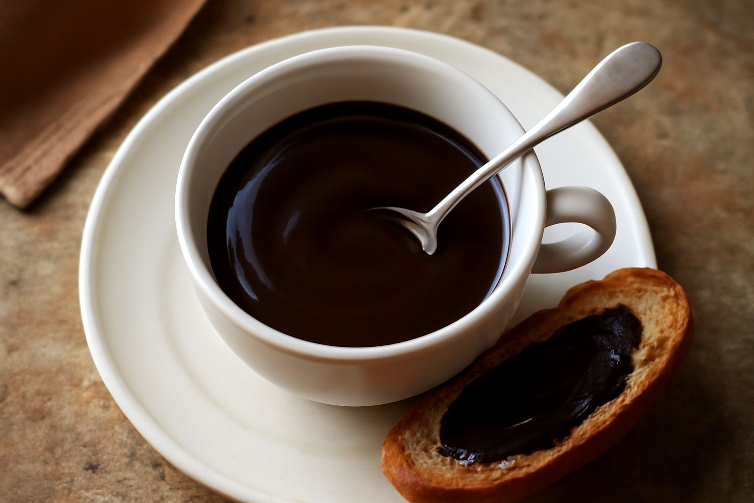 Tazza di ceramica bianca contenente pani ca' cioccolata marrone scuro molto densa, con superficie liscia e lucida, vapore appena visibile, cucchiaio immerso dentro e piattino di ceramica sotto