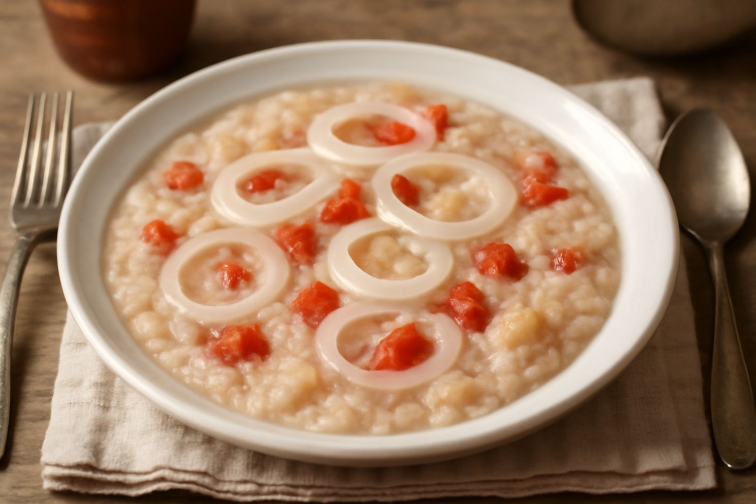 Ciotola bianca con zuppa fredda di pane e cipolla, pomodori rossi a pezzi in superficie, acqua limpida, qualche foglia di basilico verde, pane tostato ai bordi
