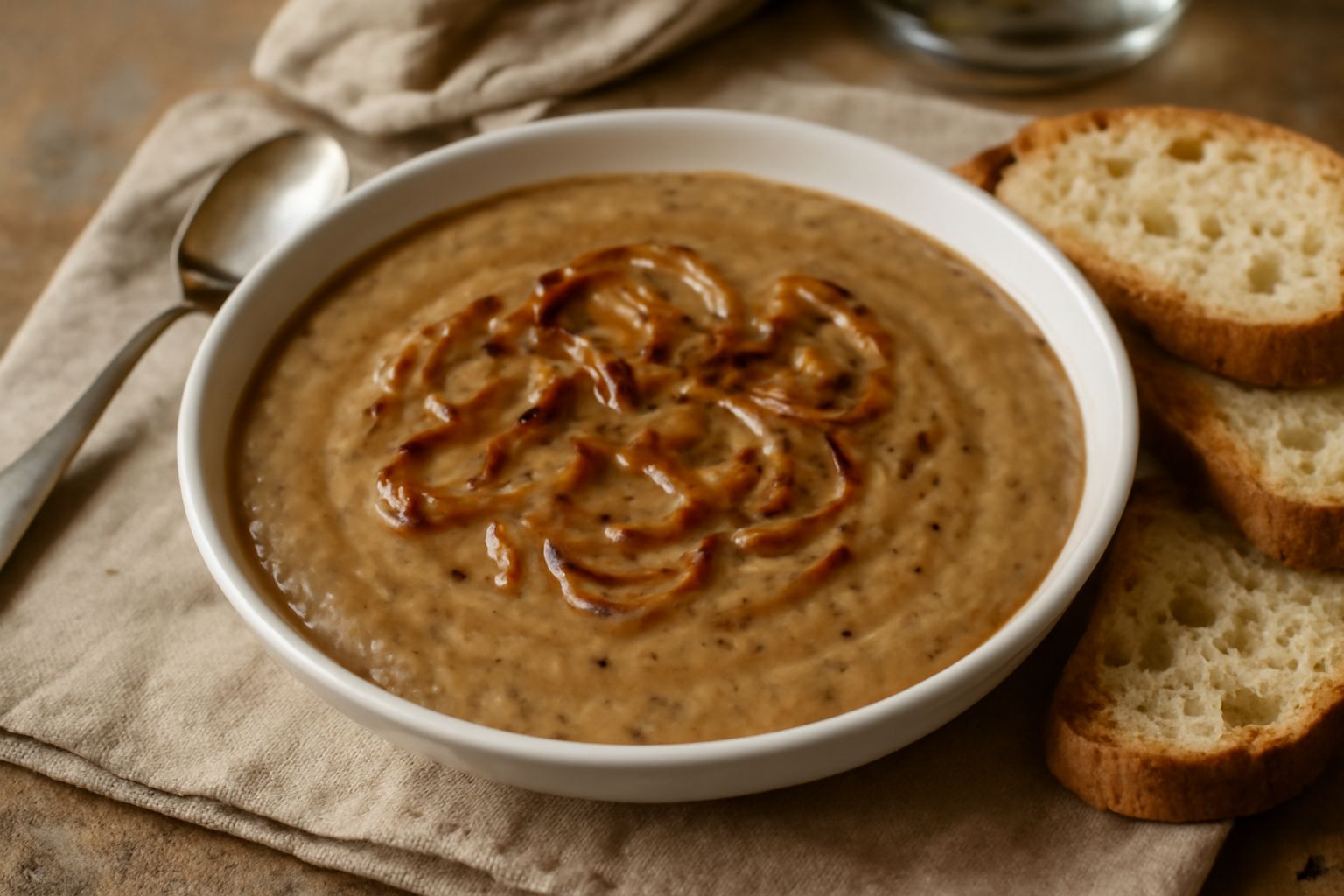 Una ciotola bianca colma di crema densa color nocciola, leggermente brillante, guarnita con filo di olio d'oliva verde, pezzi di cipolla caramellata e pane tostato ai lati, su tavolo di legno chiaro