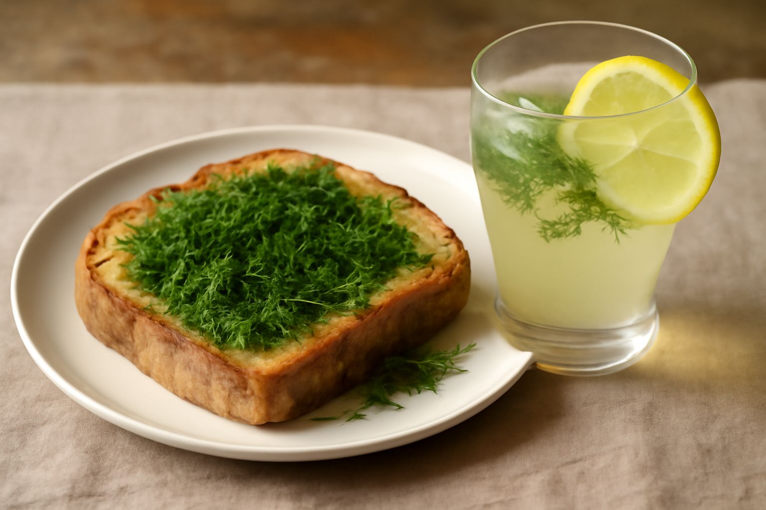 Bicchiere di vetro trasparente con acqua limpida e leggermente torbida, decorato con rametti di finocchietto fresco verde, ghiaccio visibile, fetta di limone giallo sul bordo, fondo bianco.