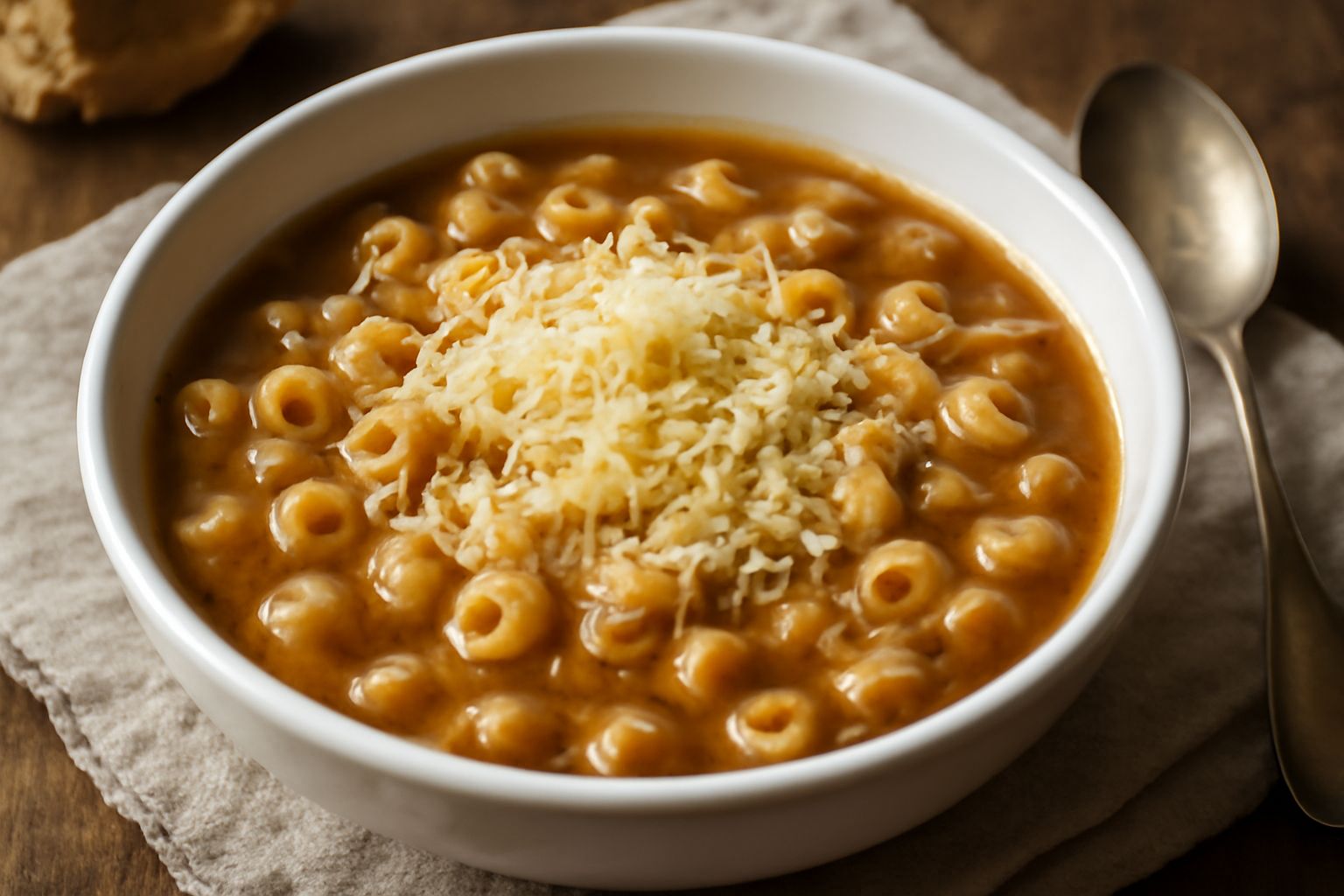 Ciotola bianca in ceramica con pani ca' formaju: pasta corta gialla in brodo marrone-arancione fumante, spolverato di formaggio grattugiato giallo, vapore visibile, cucchiaio in acciaio sul bordo
