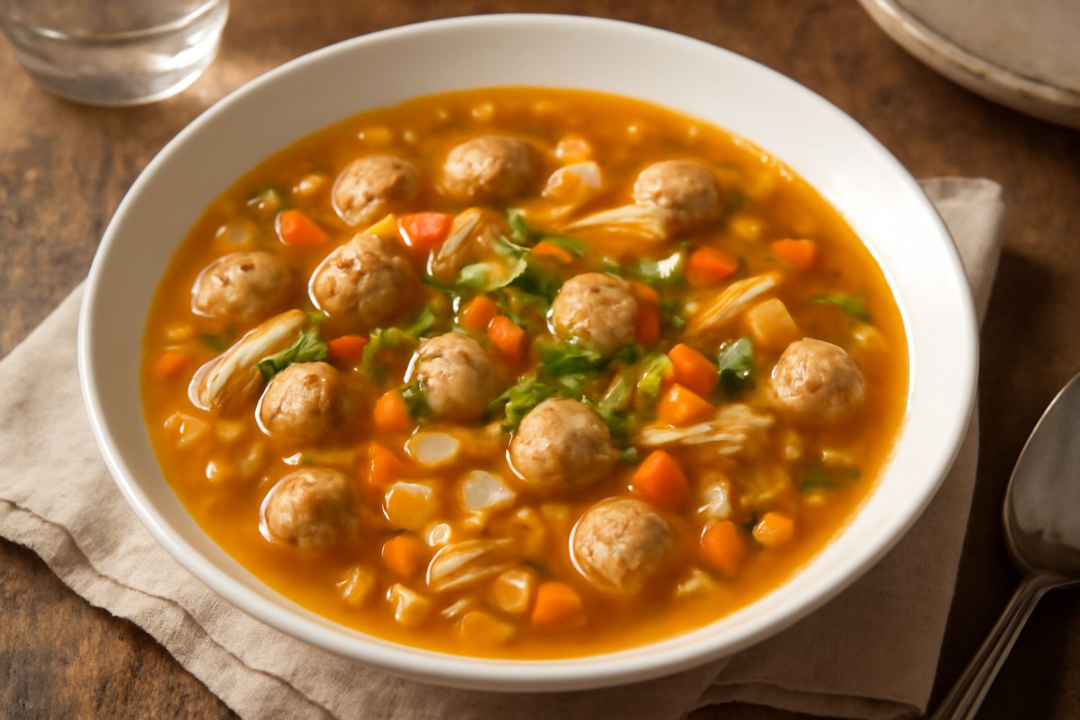 Zuppa «pani ca gaddina» servita in ciotola bianca, con polpettine piccole, dadi di verdure e pasta visibili nel brodo chiaro, guarnita con prezzemolo fresco verde