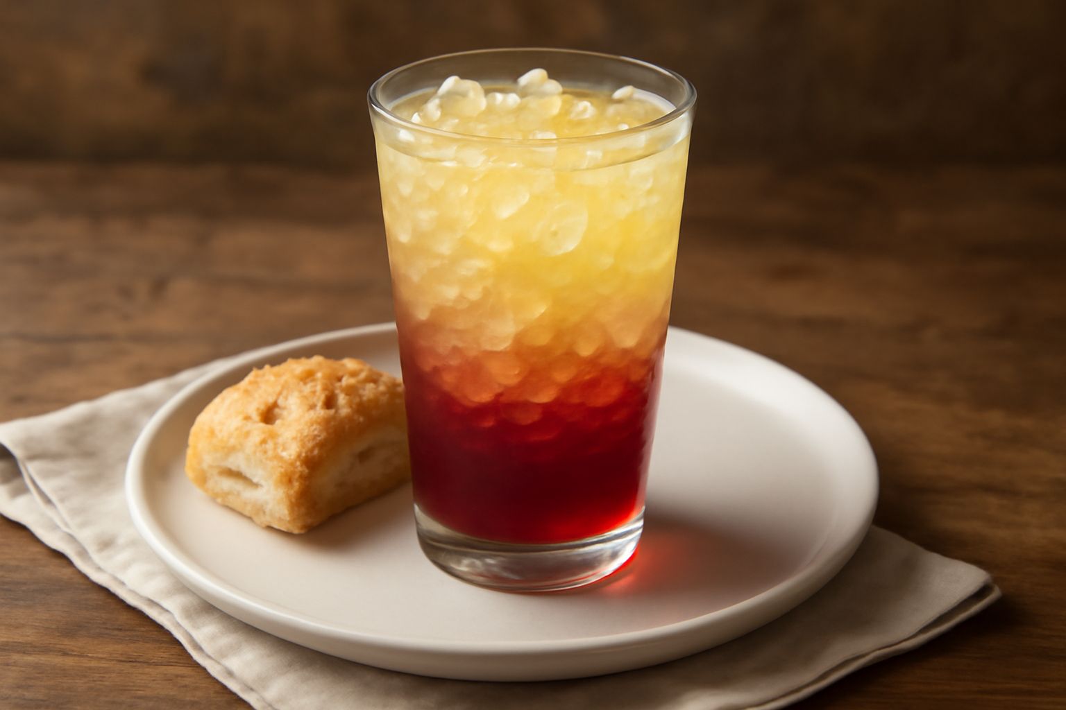 Bicchiere alto di vetro trasparente con acqua ghiacciata e sciroppi colorati rossi e gialli stratificati, guarnito con cubetti di ghiaccio cristallino e un cucchiaio lungo di metallo