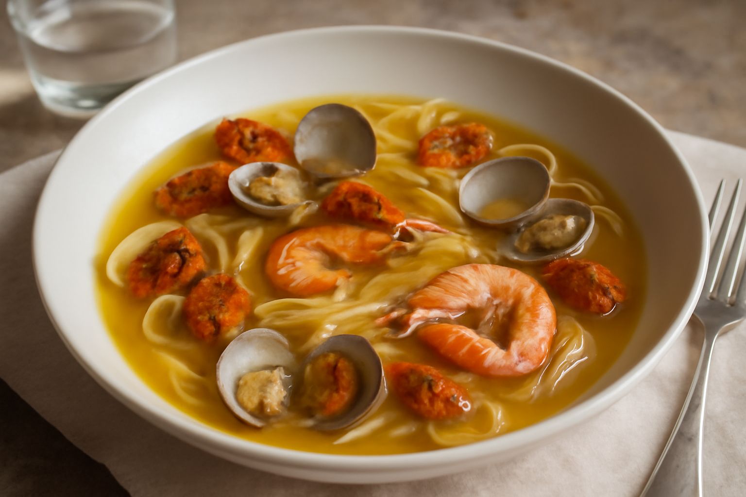 Piatto fondo di ceramica bianca con pasta fresca ondulata immersa in brodo di pesce cristallino, ricci di mare arancioni, vongole aperte e gamberi rosa pallido come guarnizione, prezzemolo verde a fil