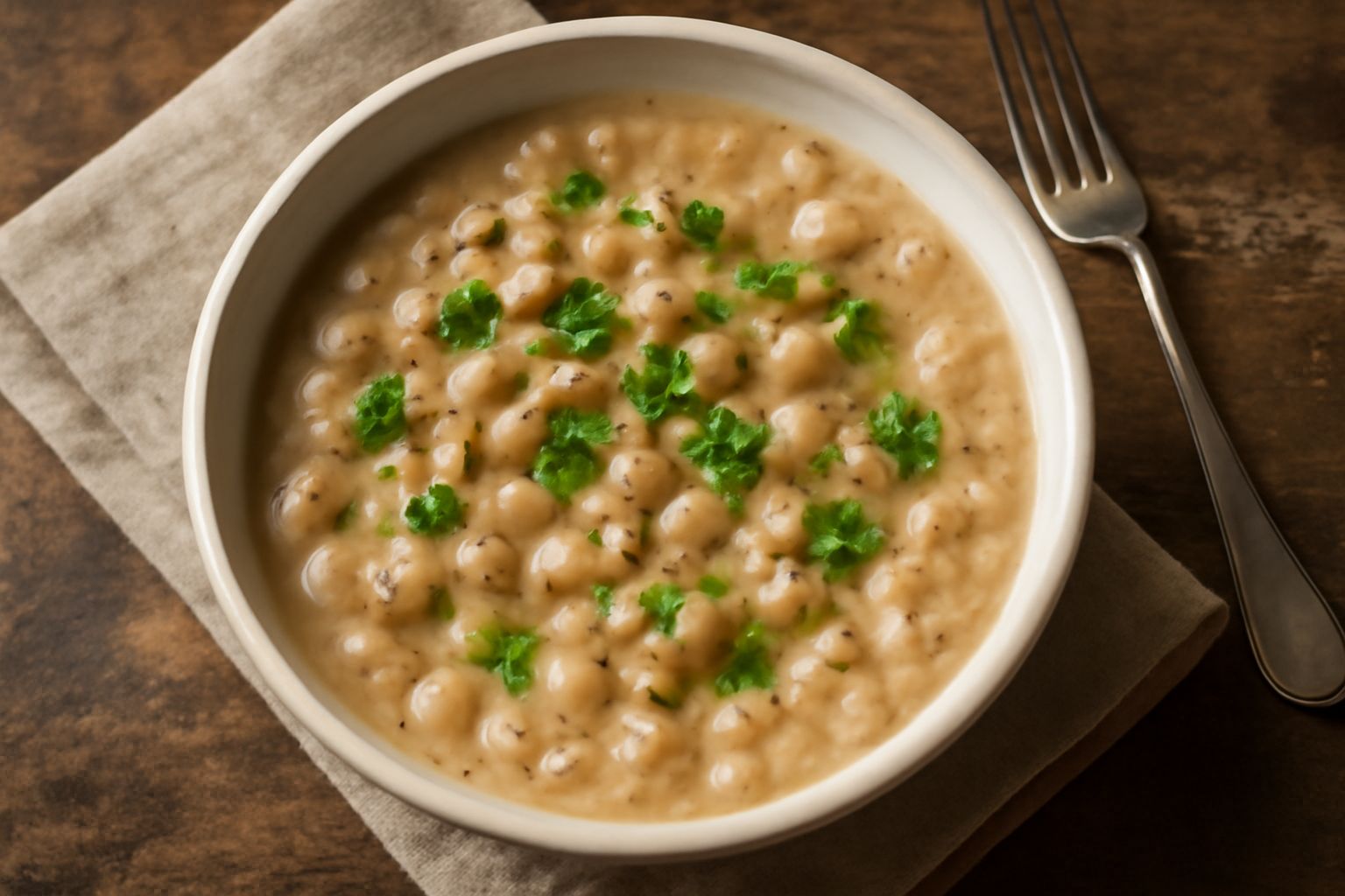 Ciotola di ceramica con pani ca' i fasö: pasta corta bianca annegata in cremoso brodo beige con fagioli visibili, macchie di olio verde in superficie, zolla di pepe nero grossolano
