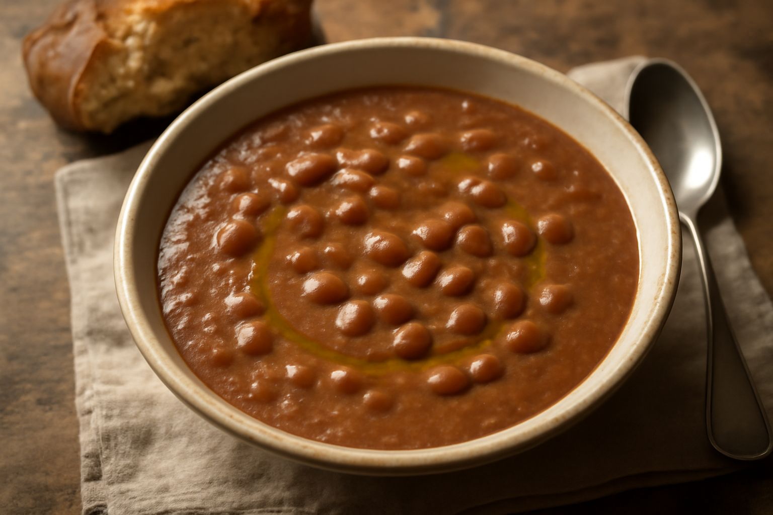 Ciotola di ceramica con zuppa densa di fagioli in brodo marrone scuro, fagioli visibili in superficie, filo di olio d'oliva verde, pane tostato a lato, tavolo di legno naturale