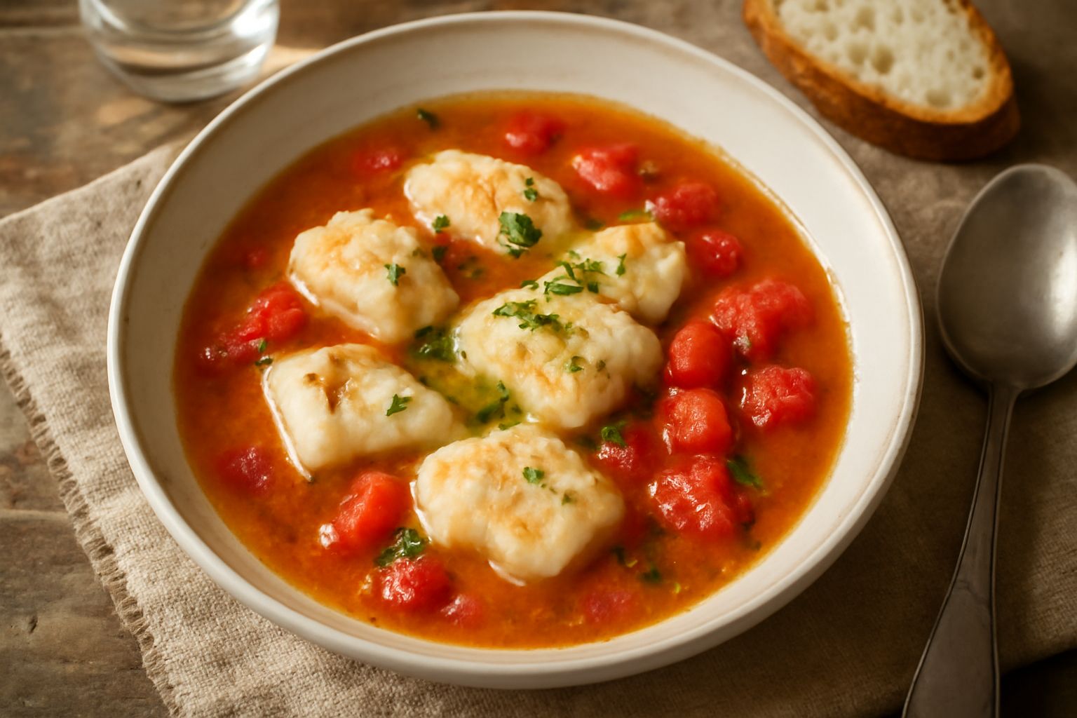 Zuppa di pesce in ciotola di ceramica bianca con pezzi di occhiata, pomodori rossi, prezzemolo fresco verde, brodo trasparente ambrato, pane tostato sul bordo, tavolo di legno scuro