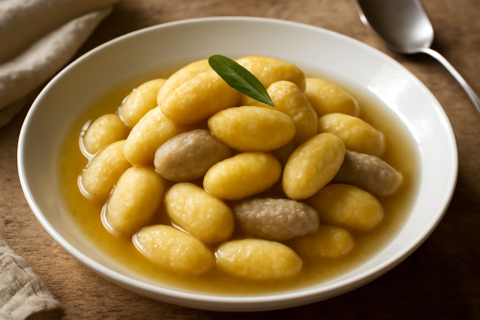 Piatto di ceramica bianca con pani ca' i öi in brodo bollente, guarniti con scaglie di parmigiano e burro fuso, con cucchiaio di legno poggiato al bordo