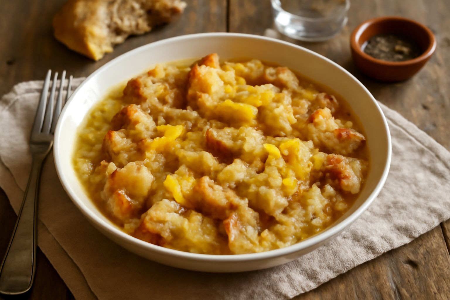 Zuppa di pane e uova fumante in una scodella di terracotta con prezzemolo fresco, pane raffermo e filo di olio d'oliva