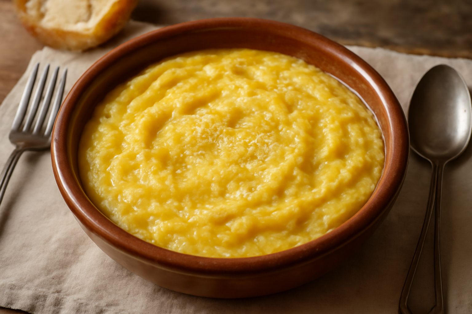 Ciotola di ceramica bianca contenente «pani ca i övi» cremosa e giallo-dorata, con fette di pane tostato accanto su tavolo di legno rustico