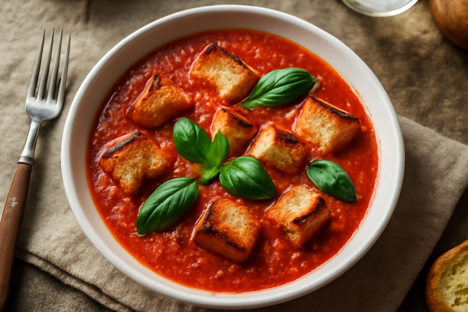 Ciotola di ceramica bianca con zuppa fredda rosso scuro, pezzi di pane tostato galleggianti, basilico fresco verde sulla superficie, acqua trasparente, servita su tavolo in legno chiaro con pomodori r