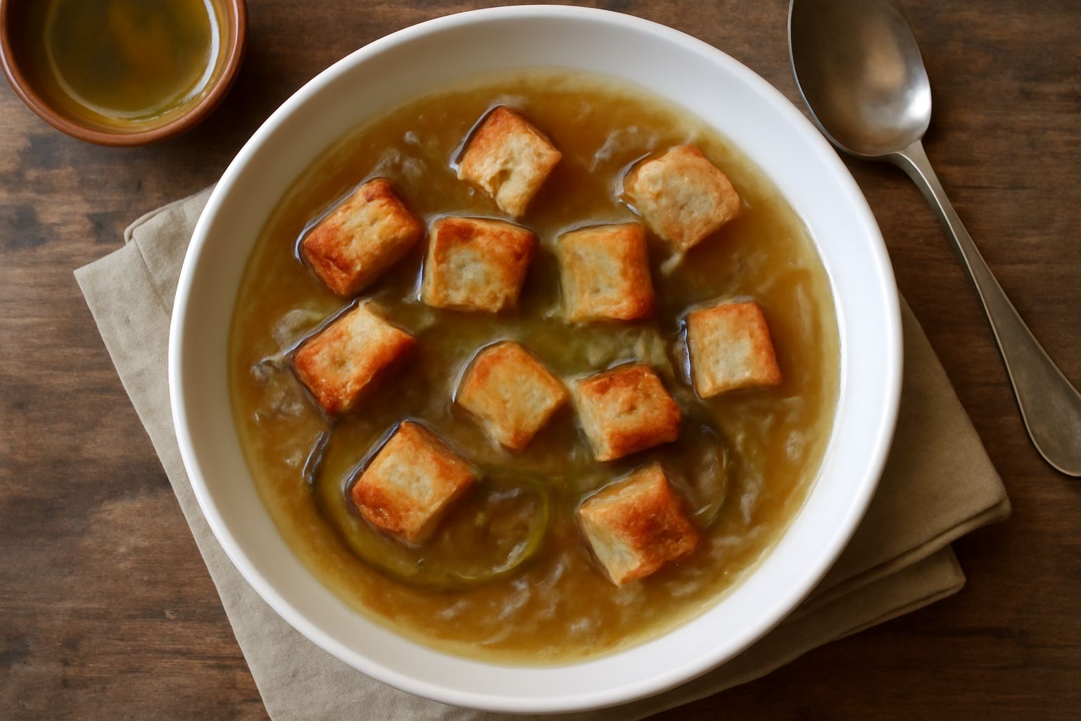 Ciotola di terracotta con zuppa di pane raffermo e cipolla caramellata in brodo caldo, olio d'oliva verde in superficie, pane tostato appoggiato sul bordo