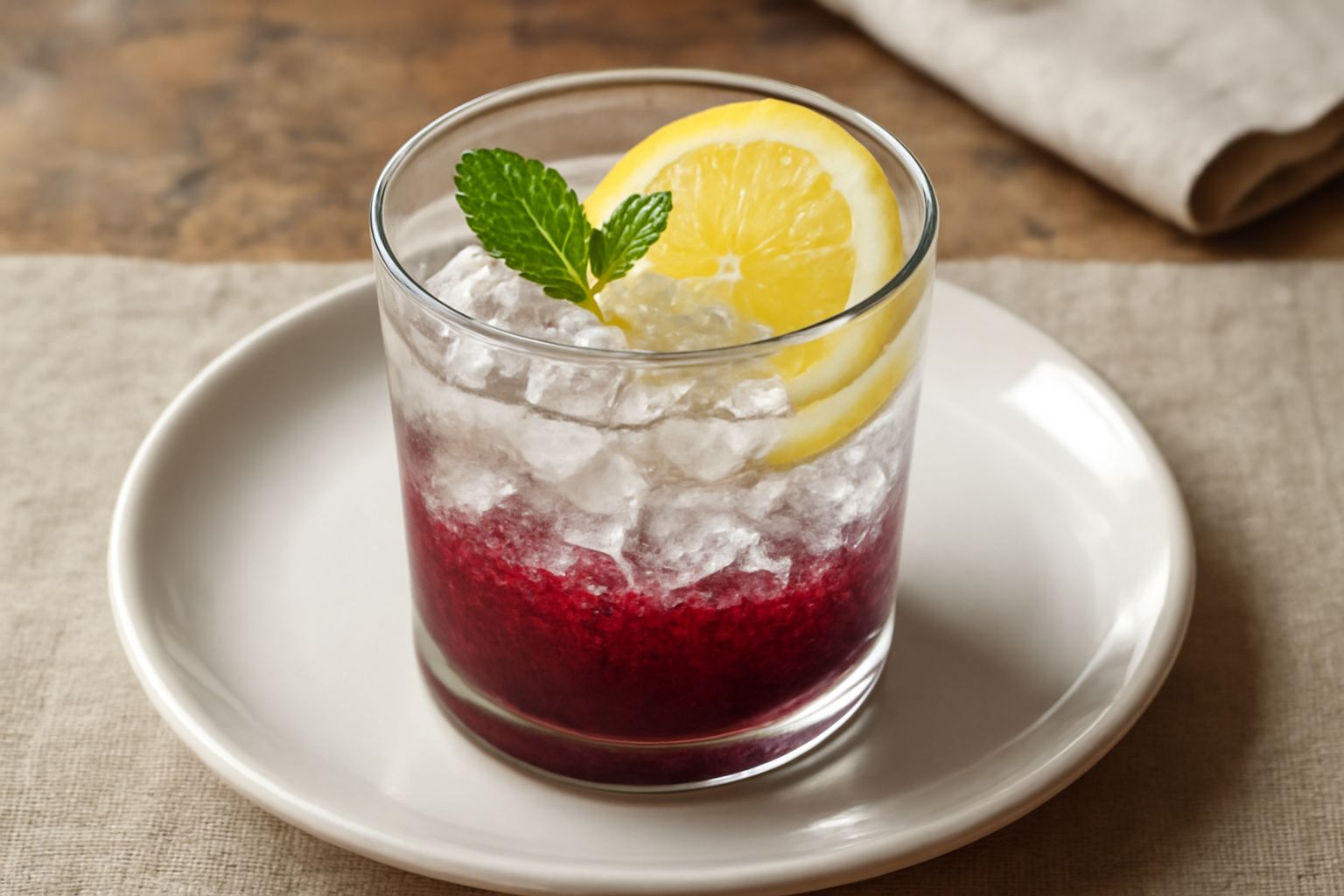 Bicchiere trasparente con acqua fredda e cubetti di ghiaccio, granita di gelso rosso scuro sul fondo, fetta di limone giallo al bordo, foglia di menta verde sulla spalla del bicchiere, condensazione s