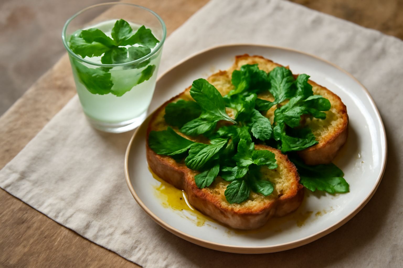 Un bicchiere trasparente con acqua trasparente, foglie di menta verde chiaro galleggianti, cubetti di ghiaccio, servito su tavolo di legno con altre foglie di menta intorno