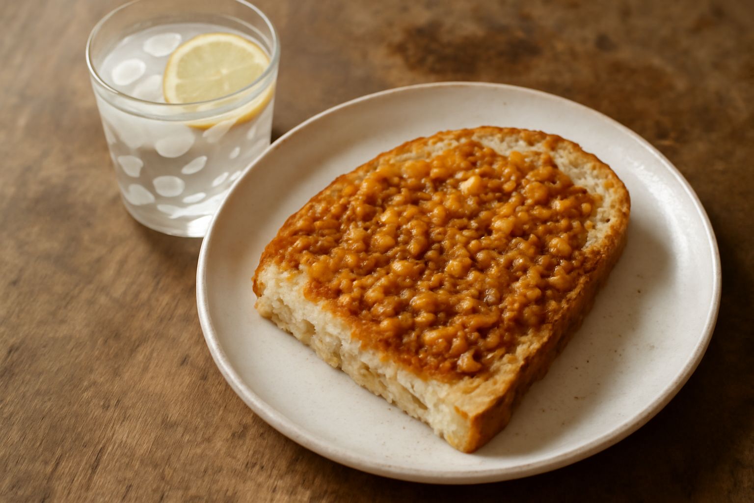 Bicchiere di vetro trasparente riempito di acqua limpida con fettine sottili di aglio fresco bianco e una rodella di limone giallo galleggianti, ghiaccio trasparente, servito con un cucchiaio di legno