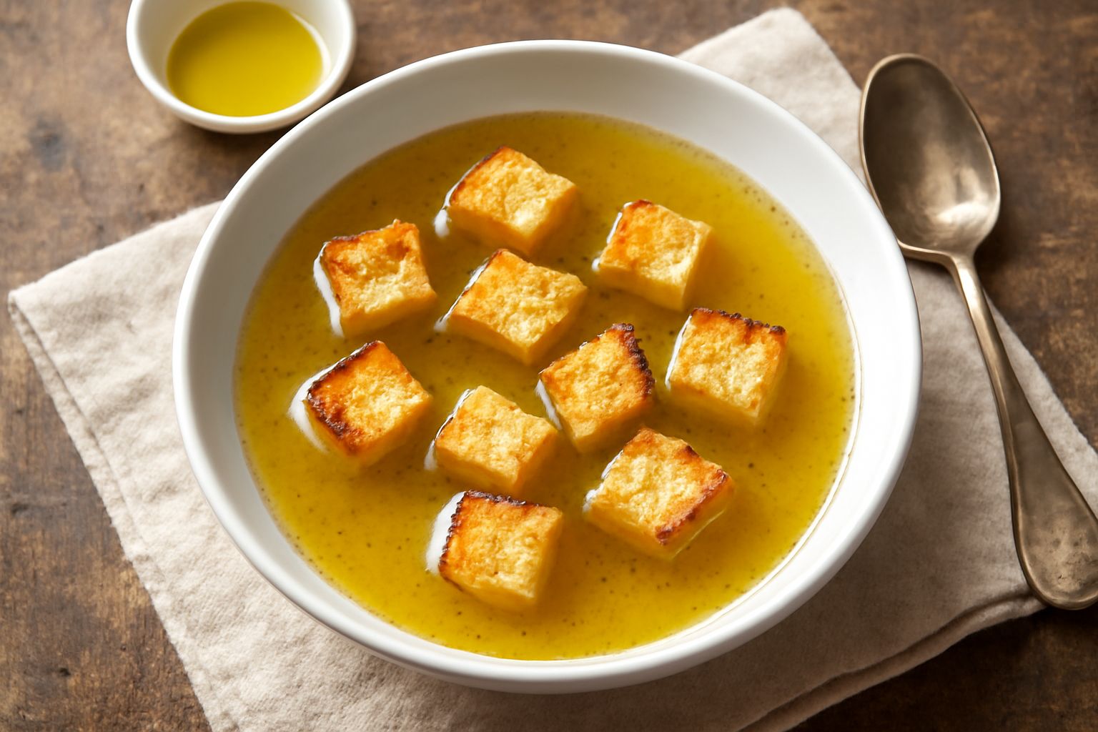 Ciotola di ceramica bianca con zuppa di acqua e aglio, pane giallo-dorato galleggiante, fili di prezzemolo fresco verde, filo d'olio extravergine che brilla in superficie, pane tostato ai bordi della 