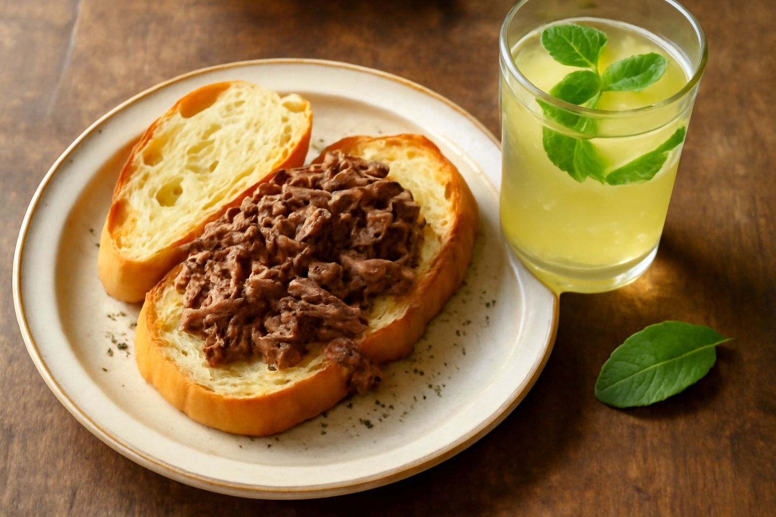 Bicchiere trasparente con acqua limpida e fredda, fette di limone galleggianti, foglie di menta fresca e uno spicchio d'aglio a vista, ghiaccio bianco, sfondo neutro chiaro