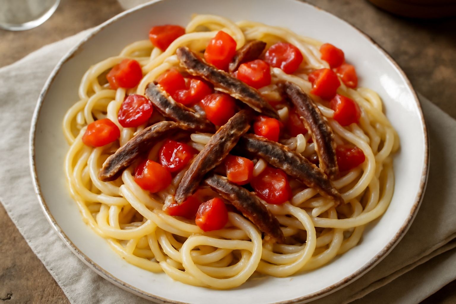 Pasta fredda in un piatto bianco con acciughe scure, pomodori rossi a cubetti, aglio bianco affettato sottilmente, filo di olio verde oliva in superficie, oliva nera intera a decorazione