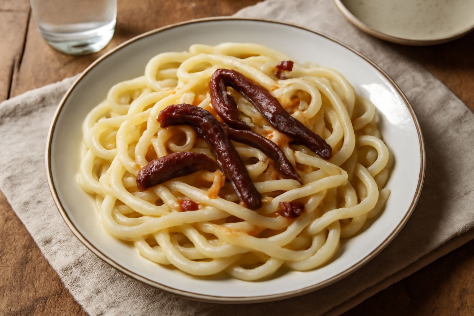 Piatto di pasta fresca bianca con filo di olio verde, acciughe scure sparse in superficie, peperoncino rosso in polvere e fettine sottili di aglio crudo dorato
