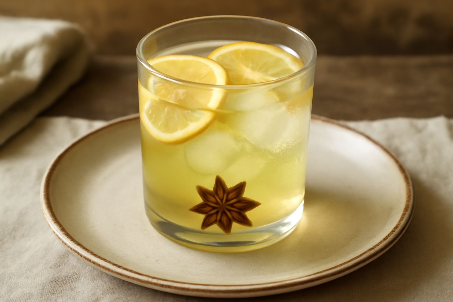Bicchiere trasparente con liquido trasparente e giallognolo, stella di anice stellato visibile in sospensione, fettine sottili di limone galleggianti, cubetti di ghiaccio trasparente, servito su un pi