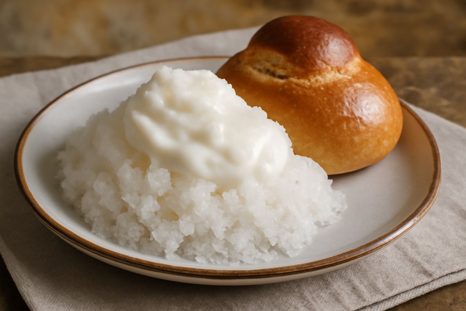 Granita «pani ca latte» in bicchiere trasparente con granuli di ghiaccio bianco, una striscia di latte fresco versato sopra ancora visibile, cucchiaio di metallo dentro, fondo sfumato blu cielo