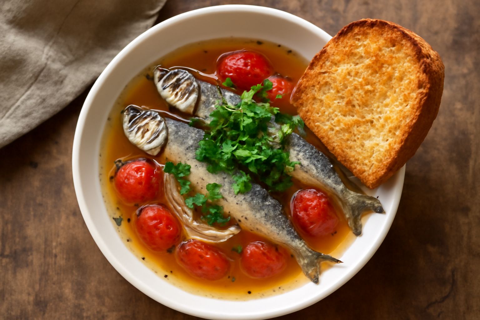 Una ciotola bianca con brodo trasparente e dorato, piccoli pesci azzurri interi visibili nel liquido, pomodori rossi, cipolla bianca a fette sottili, prezzemolo verde fresco sparso in superficie, pane