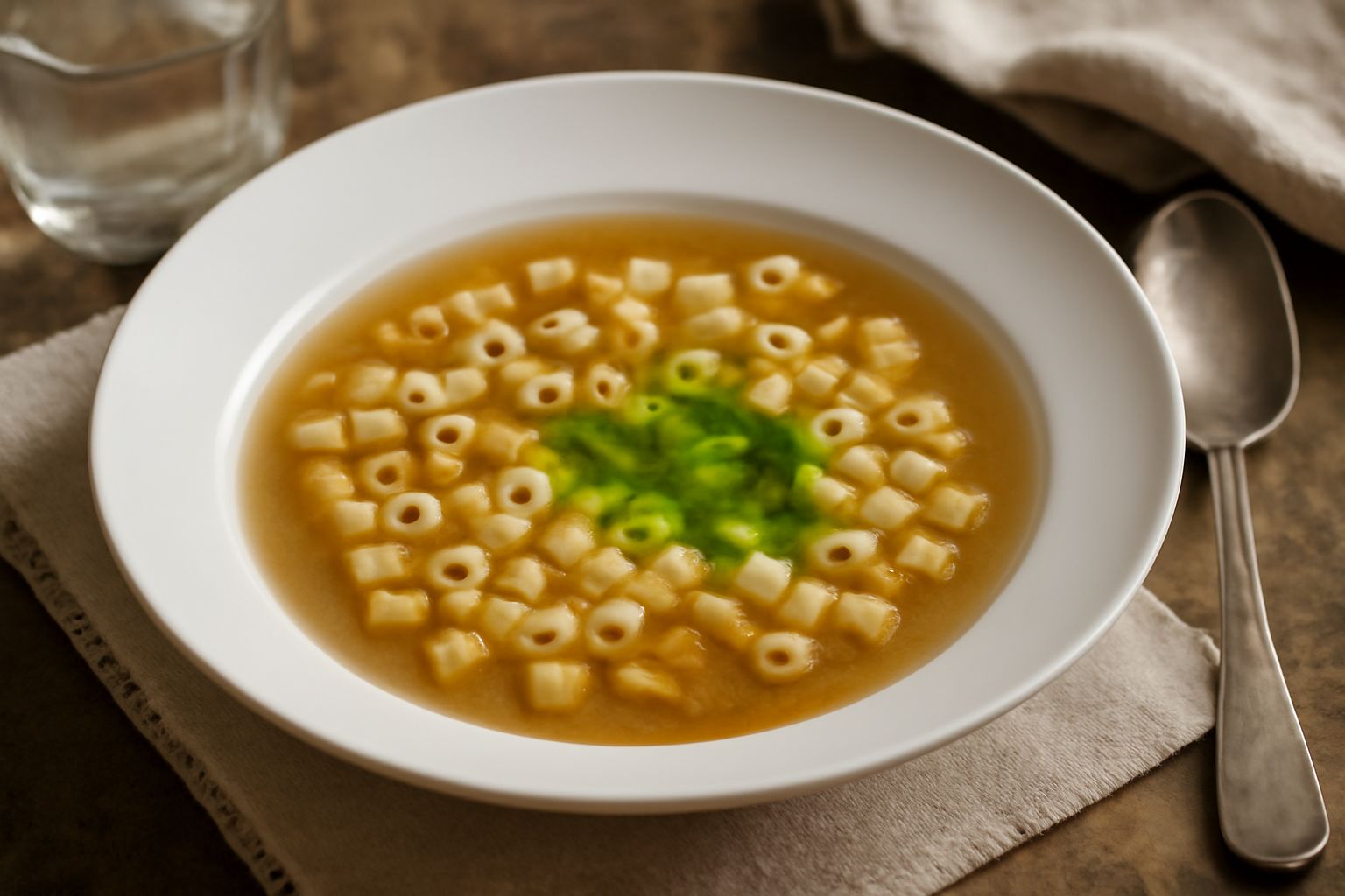 Una ciotola bianca di ceramica con pasta corta in brodo trasparente profumato di aglio, condita con filo d'olio d'oliva verde smeraldo, vapore ancora visibile, pane tostato a lato