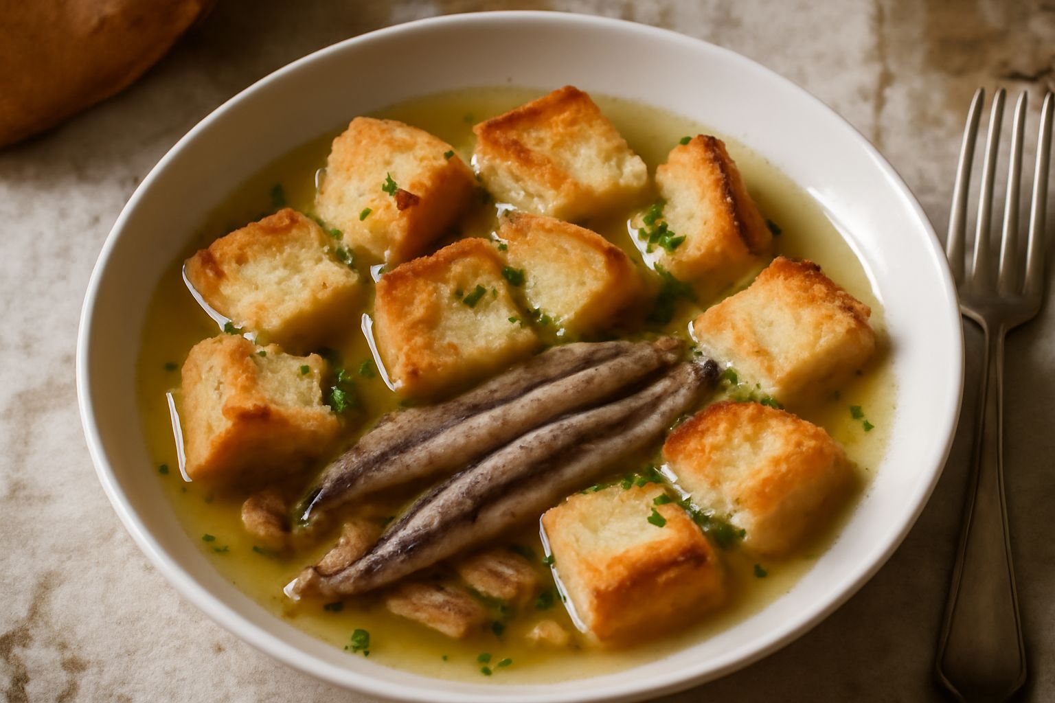 Ciotola di ceramica bianca con «pani ca' ll'anciua»: brodo trasparente giallo-dorato, acciughe intere salate sul fondo, pane tostato in pezzi galleggianti, fettine di aglio, gocce d'olio d'oliva, pres