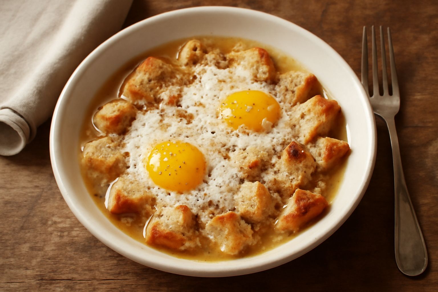 Una ciotola di ceramica bianca con zuppa di pane e uova, brodo dorato, formaggio grattugiato e pepe nero in primo piano su tavolo in legno