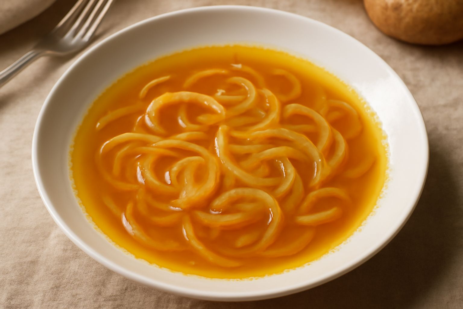 Salsa pani ca' l'ojo in ciotola di ceramica bianca: liquido trasparente ambrato con fettine sottili di cipolla bianca, gocce di olio lucido in superficie, sfondo di tavolo in legno chiaro