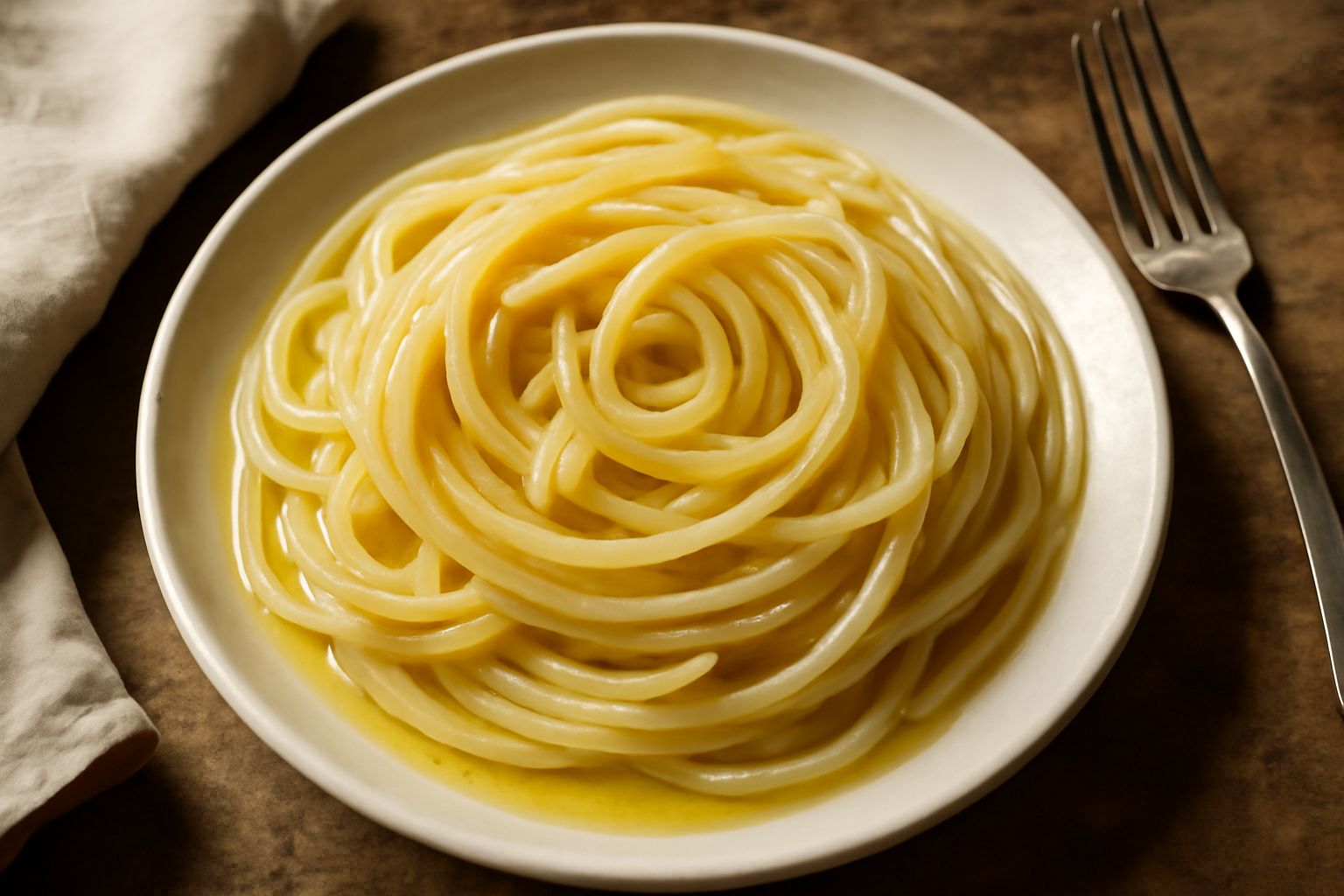 Piatto di ceramica bianca con pasta bagnata color avorio, lucida di olio dorato, con gocce di olio visibili in superficie e aglio schiacciato sparso sulla pasta, servito su tavolo di legno