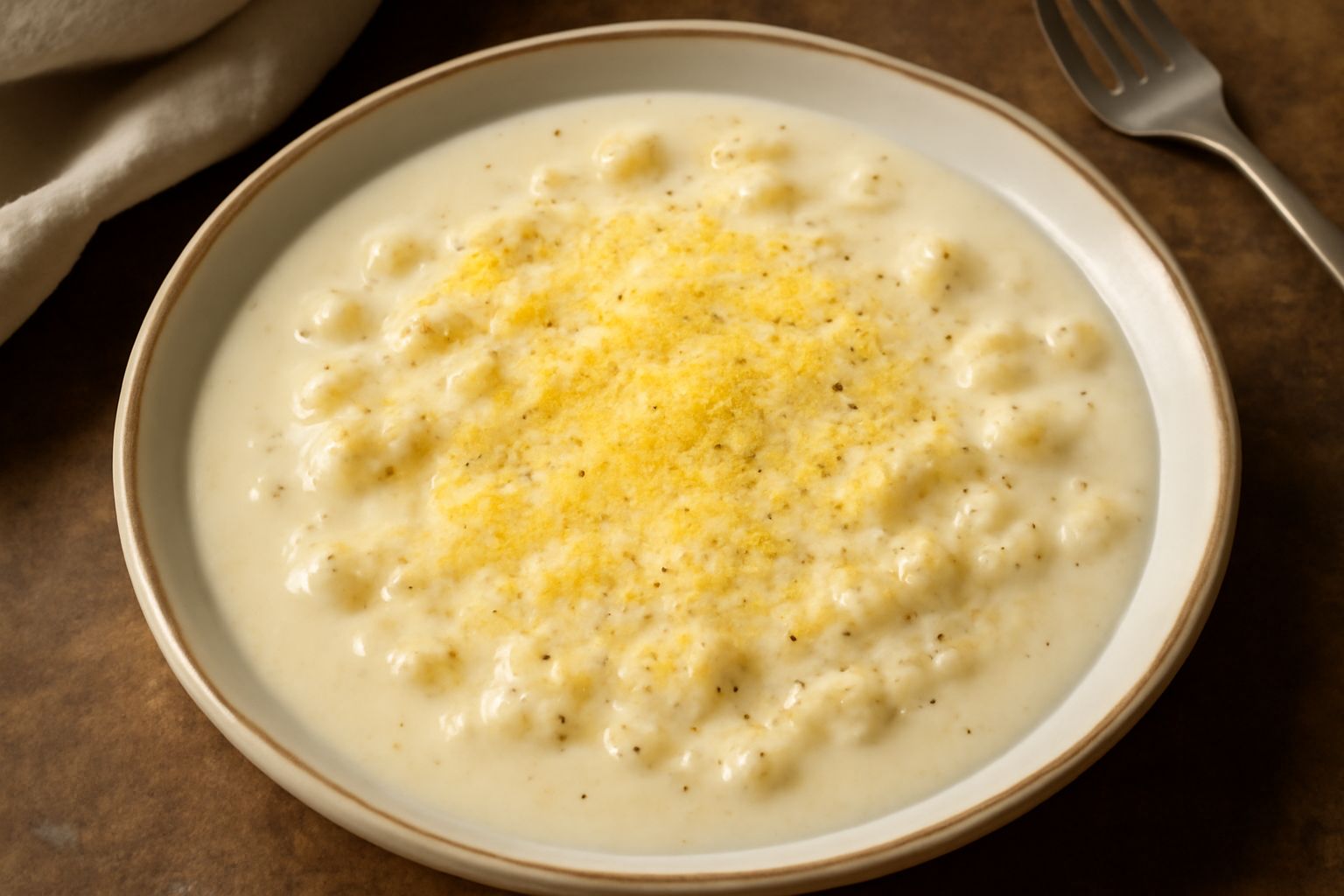 Piatto bianco con pani ca' l'ova cremosa, guarnito con formaggio grattugiato giallo, un filo di pepe nero macinato fresco in superficie, vapore leggero dal piatto ancora caldo.