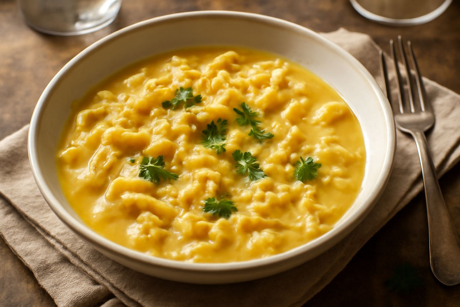 Ciotola di porcellana bianca con «pani ca' l'ovi» cremosi e dorati, pasta al dente immersa nel brodo legato alle uova, finiture di pepe nero e prezzemolo fresco