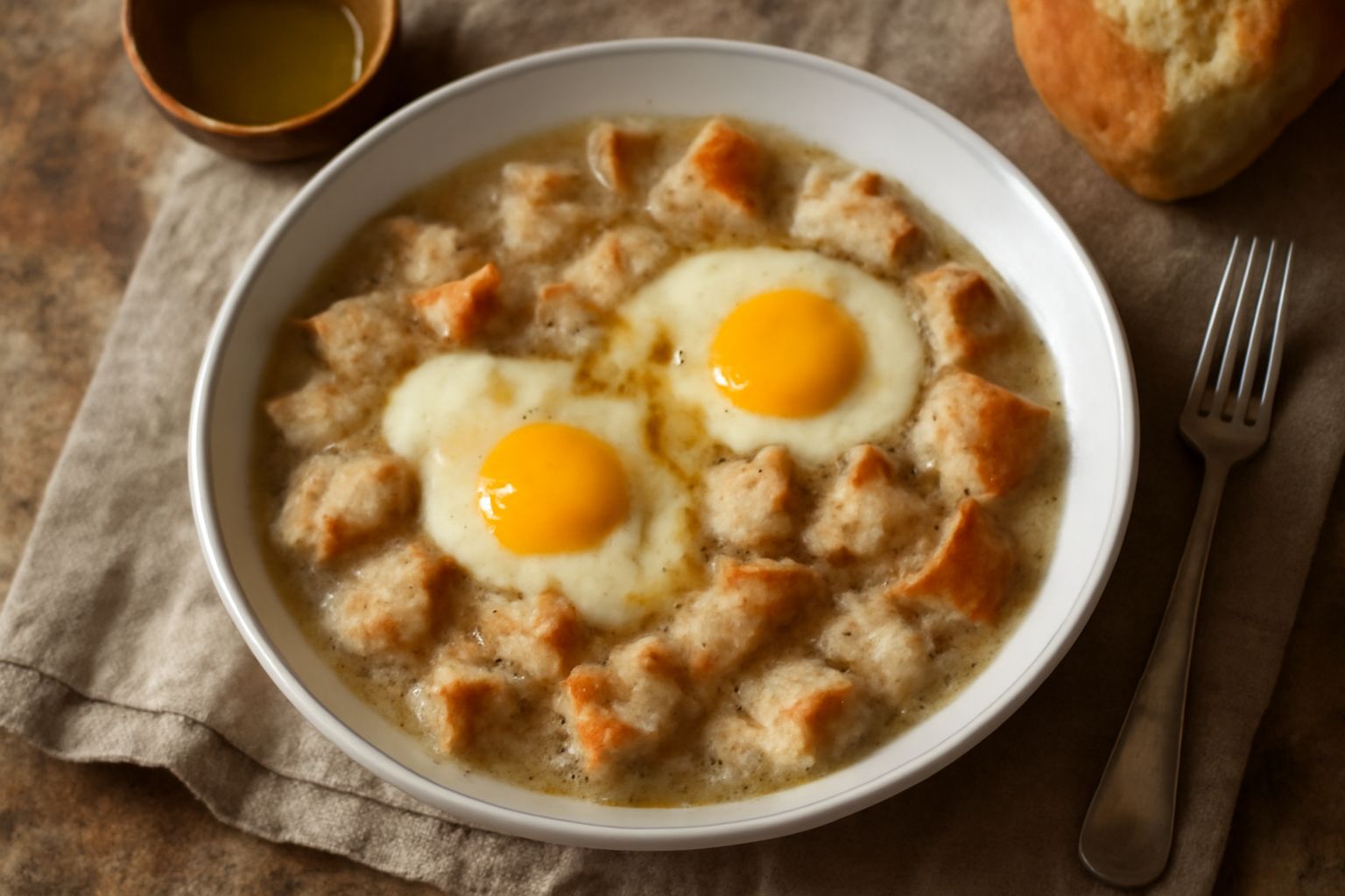 Zuppa in ciotola bianca con uova cotte nell'acqua, fette di pane tostato galleggianti e filo d'olio d'oliva in superficie su tavolo in legno