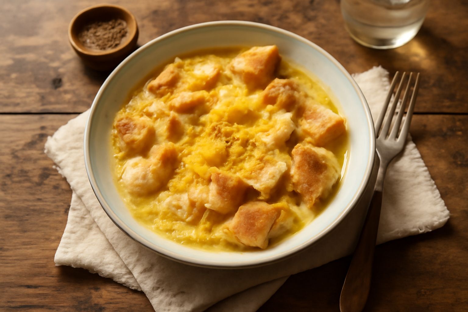Ciotola di ceramica bianca con zuppa trasparente, uova filate gialle, fette di pane tostato galleggianti, vapore leggero, cucchiaio di legno