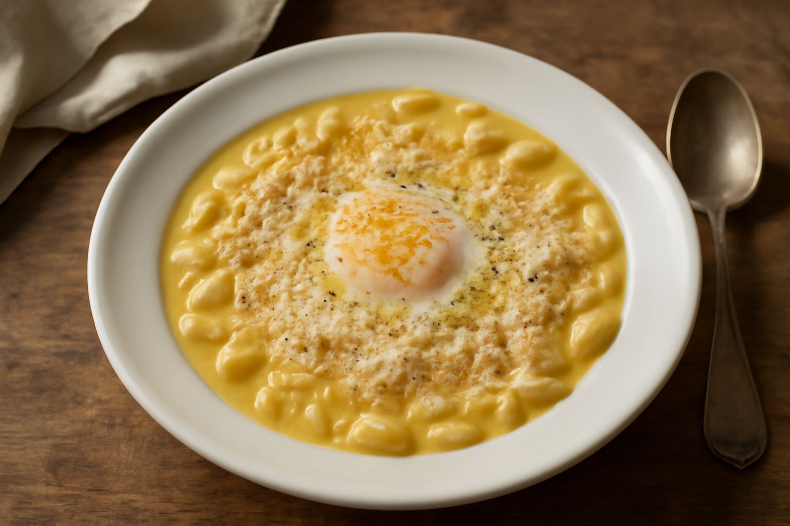 Una ciotola di ceramica bianca contenente pasta corta in brodo cremoso giallo, con visibili filamenti di uovo cotto, spruzzata di formaggio grattugiato e pepe nero, su tavolo di legno chiaro