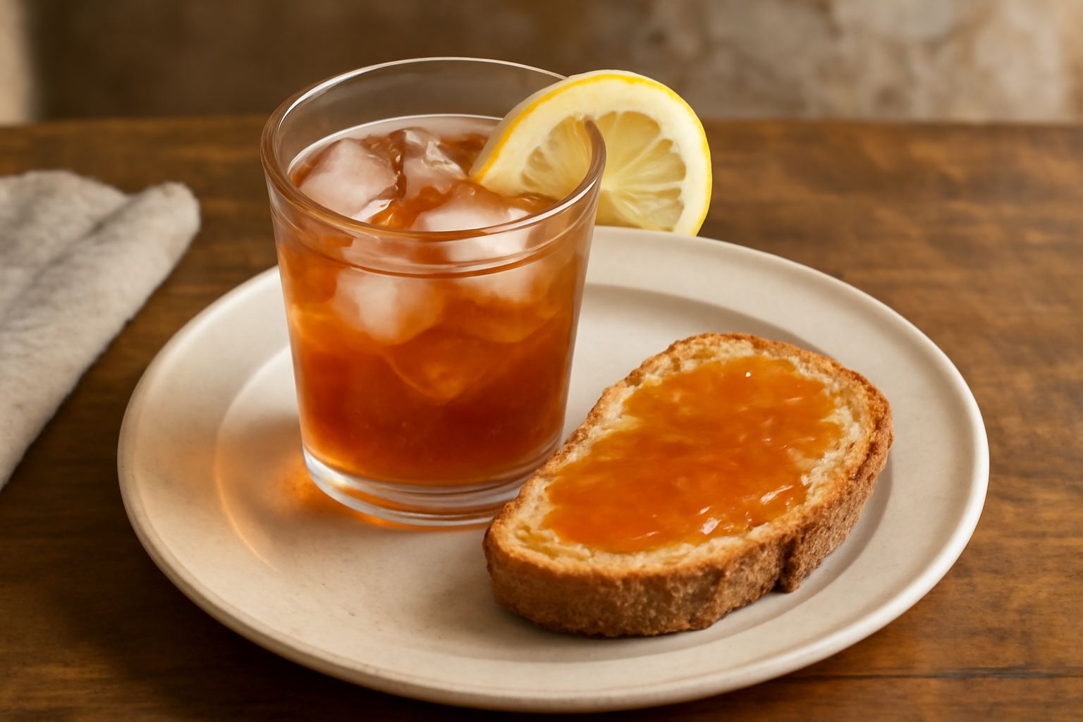 Bicchiere trasparente di pani ca' marmellata con acqua cristallina rosata, cubetti di ghiaccio, una fetta di limone sul bordo, servito su un tavolo di legno con sfondo naturale chiaro