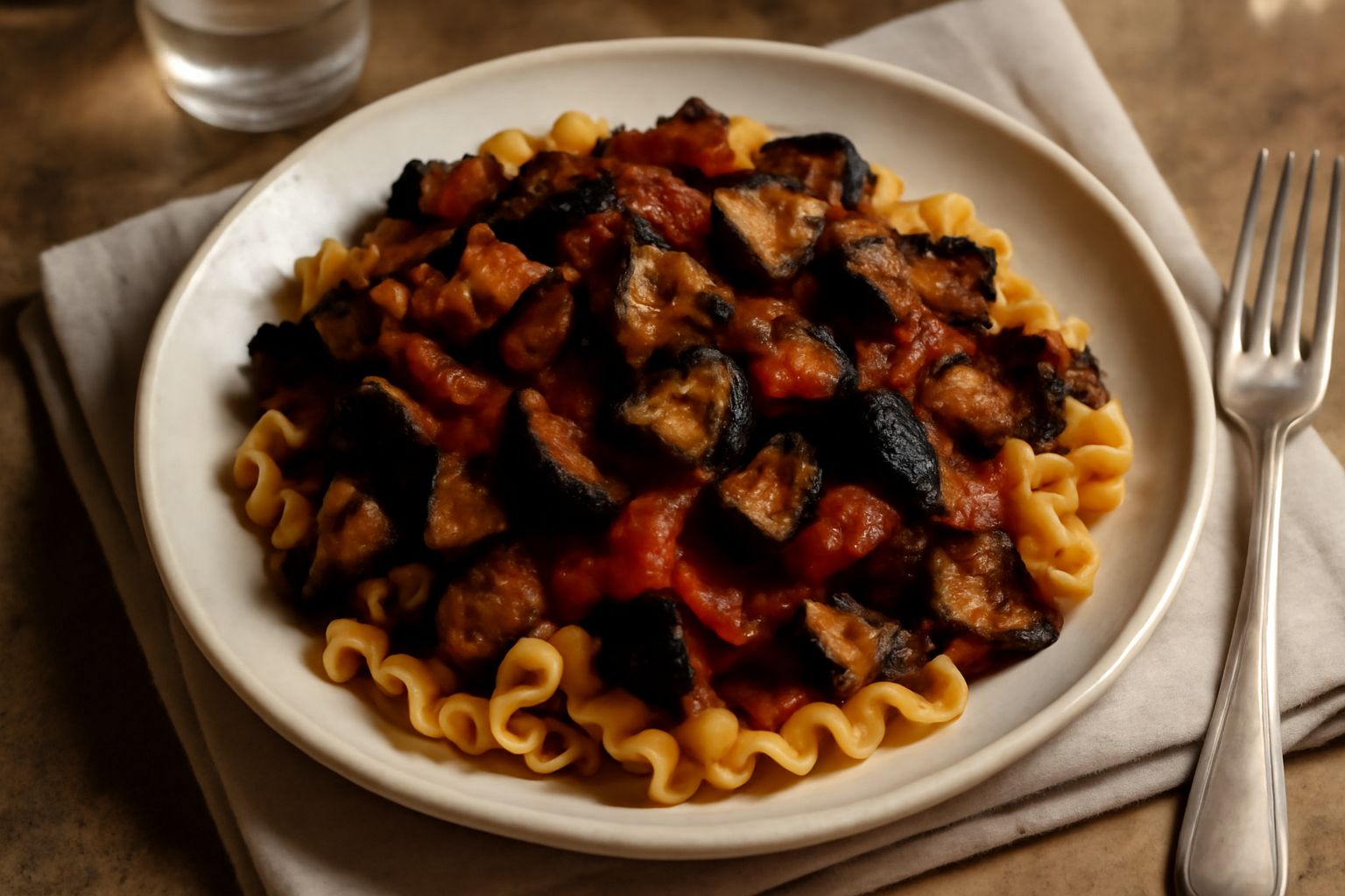Piatto di «pani ca mei» con pasta ondulata condita di melanzane fritte color melanzana scuro, pomodori rossi, basilico verde e olio d'oliva lucente, servito in un piatto bianco su tavolo rustico