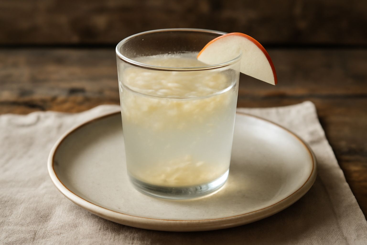 Bicchiere trasparente con acqua limpida, frammenti di mela bianca in sospensione, gocce condensate sul vetro, mela rossa intera accanto, sfondo bianco