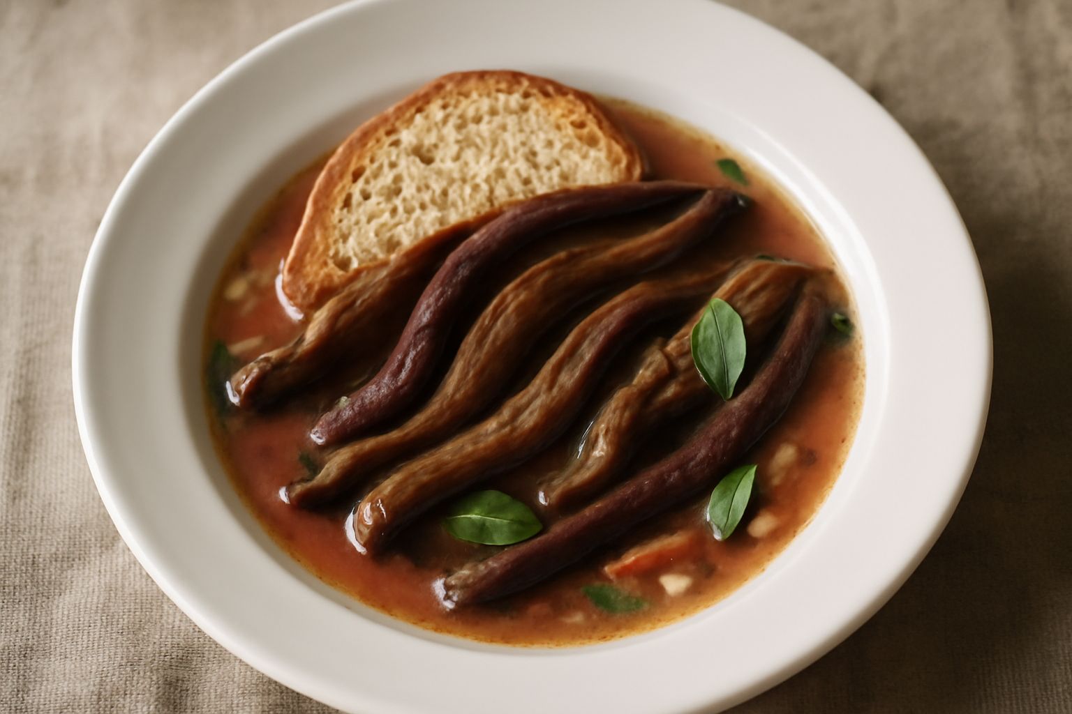 Un piatto di porcellana bianca con melanzane tagliate a striscia immerse in brodo trasparente, pomodori visibili, basilico fresco verde e gocce di olio d'oliva, su una tovaglia di lino naturale