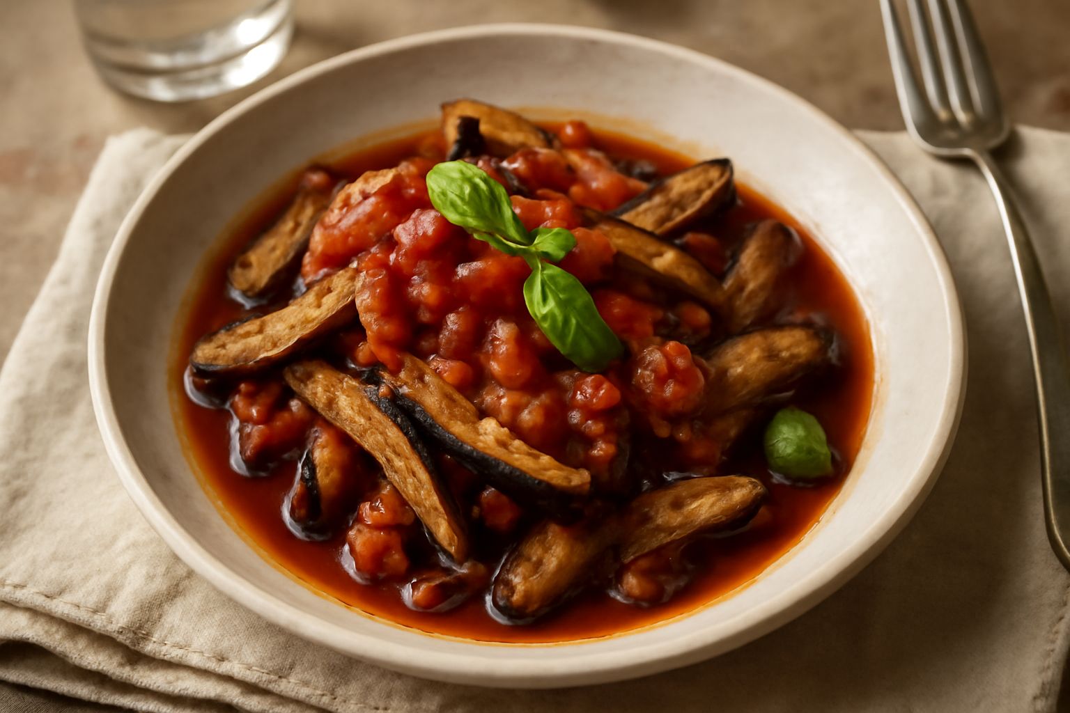 Melanzane fritte tagliate a bastoncini, condite con sugo rosso di pomodoro, aceto balsamico scuro e basilico fresco verde, servite in un piatto bianco con un contorno di pane tostato